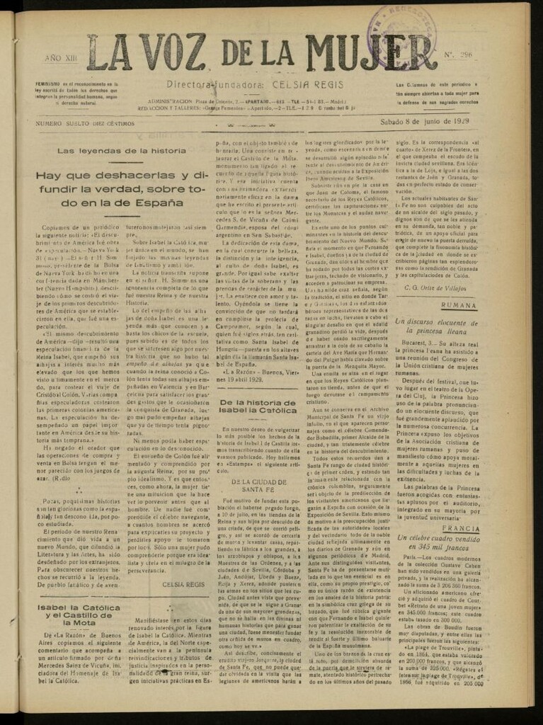 Miniatura de La Voz de la Mujer: revista mensual dedicada a la defensa de la mujer española del 8 de junio de 1929, nº 296