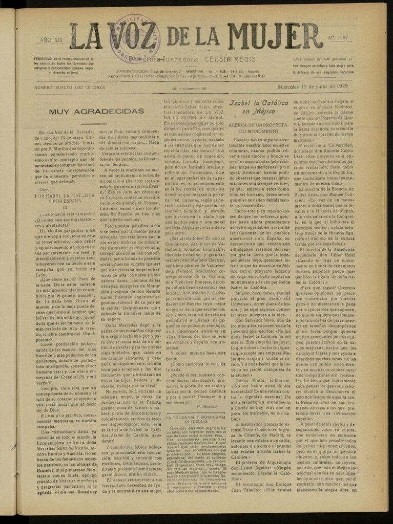 Miniatura de La Voz de la Mujer: revista mensual dedicada a la defensa de la mujer española del 12 de junio de 1929, nº 297