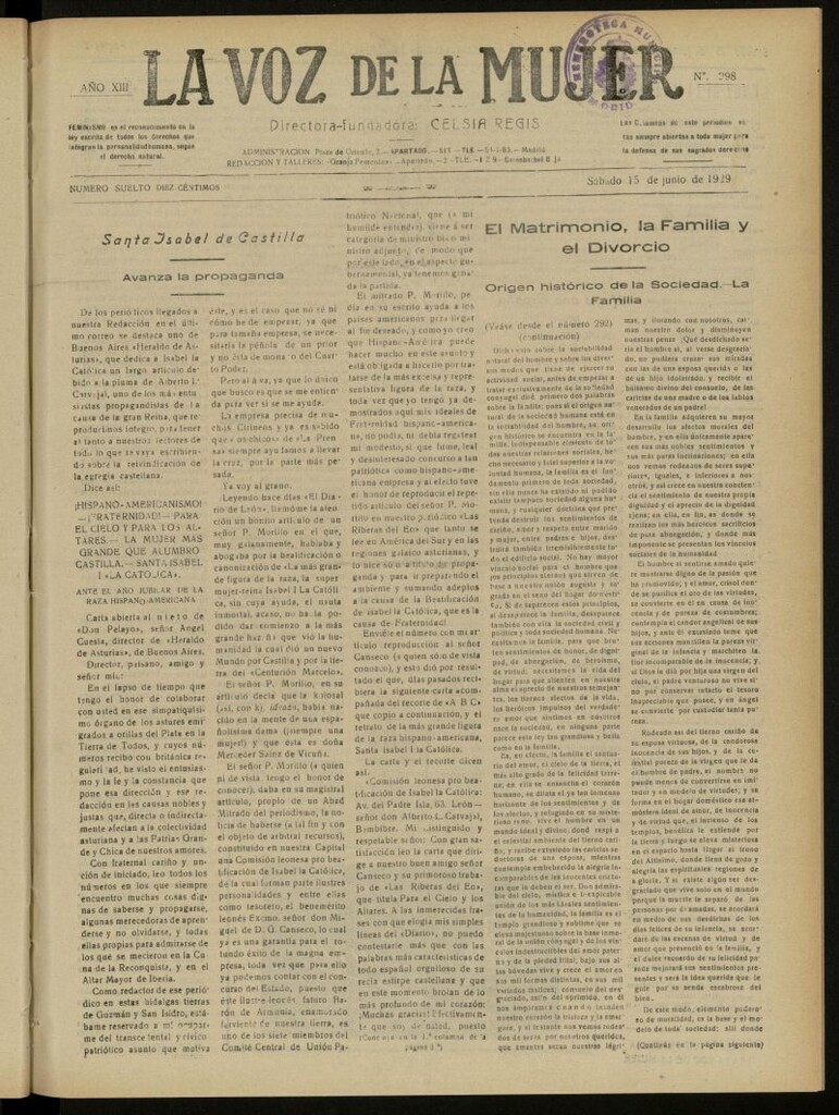 Miniatura de La Voz de la Mujer: revista mensual dedicada a la defensa de la mujer española del 15 de junio de 1929, nº 298