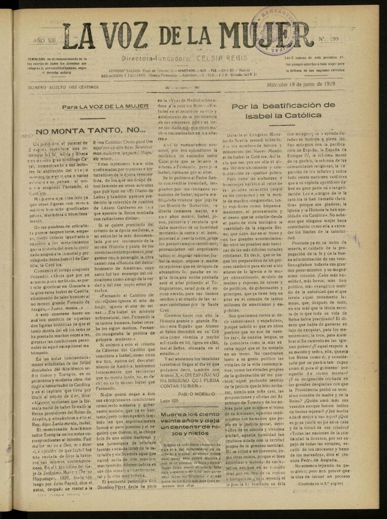 Miniatura de La Voz de la Mujer: revista mensual dedicada a la defensa de la mujer española del 19 de junio de 1929, nº 299