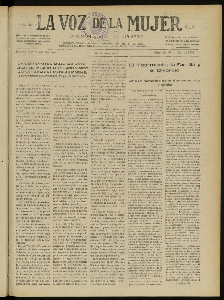 Miniatura de La Voz de la Mujer: revista mensual dedicada a la defensa de la mujer española del 26 de junio de 1929, nº 301