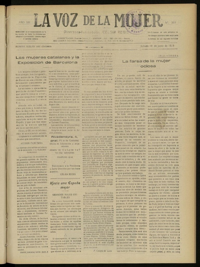 Miniatura de La Voz de la Mujer: revista mensual dedicada a la defensa de la mujer española del 29 de junio de 1929, nº 302