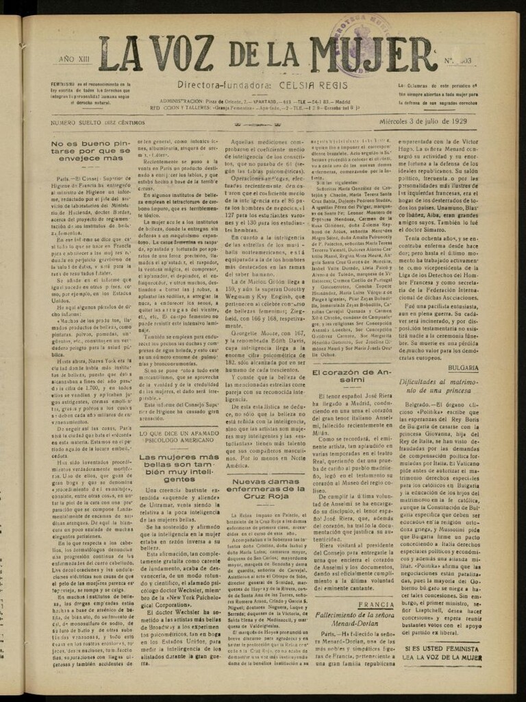Miniatura de La Voz de la Mujer: revista mensual dedicada a la defensa de la mujer española del 3 de julio de 1929, nº 303