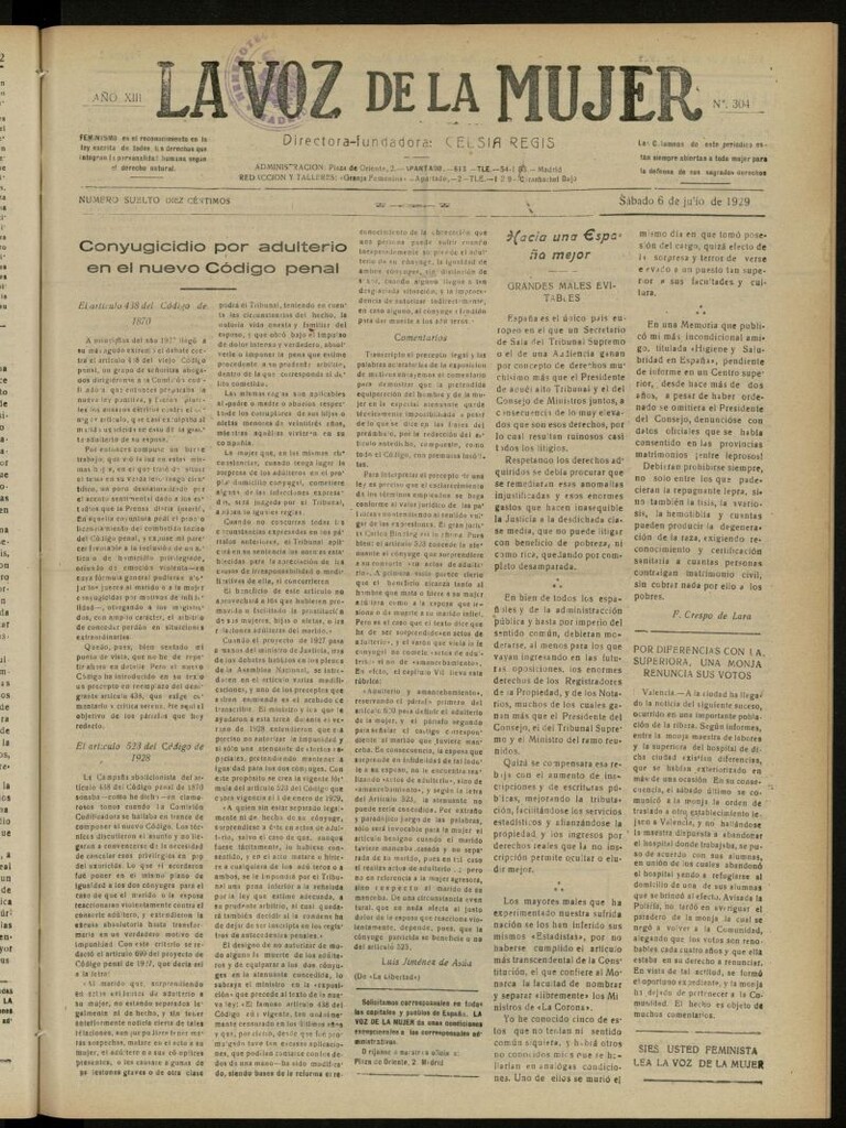 Miniatura de La Voz de la Mujer: revista mensual dedicada a la defensa de la mujer española del 6 de julio de 1929, nº 304