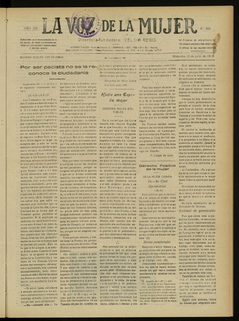 Miniatura de La Voz de la Mujer: revista mensual dedicada a la defensa de la mujer española del 10 de julio de 1929, nº 305
