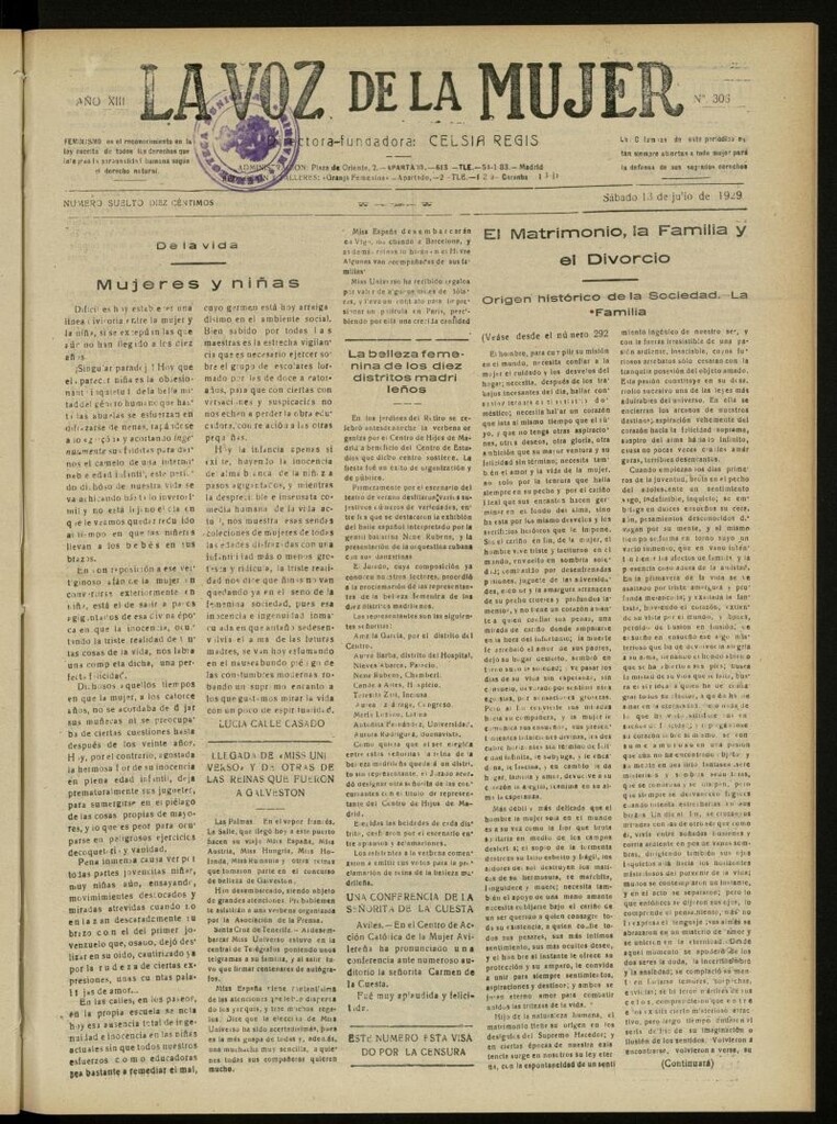 Miniatura de La Voz de la Mujer: revista mensual dedicada a la defensa de la mujer española del 13 de julio de 1929, nº 306