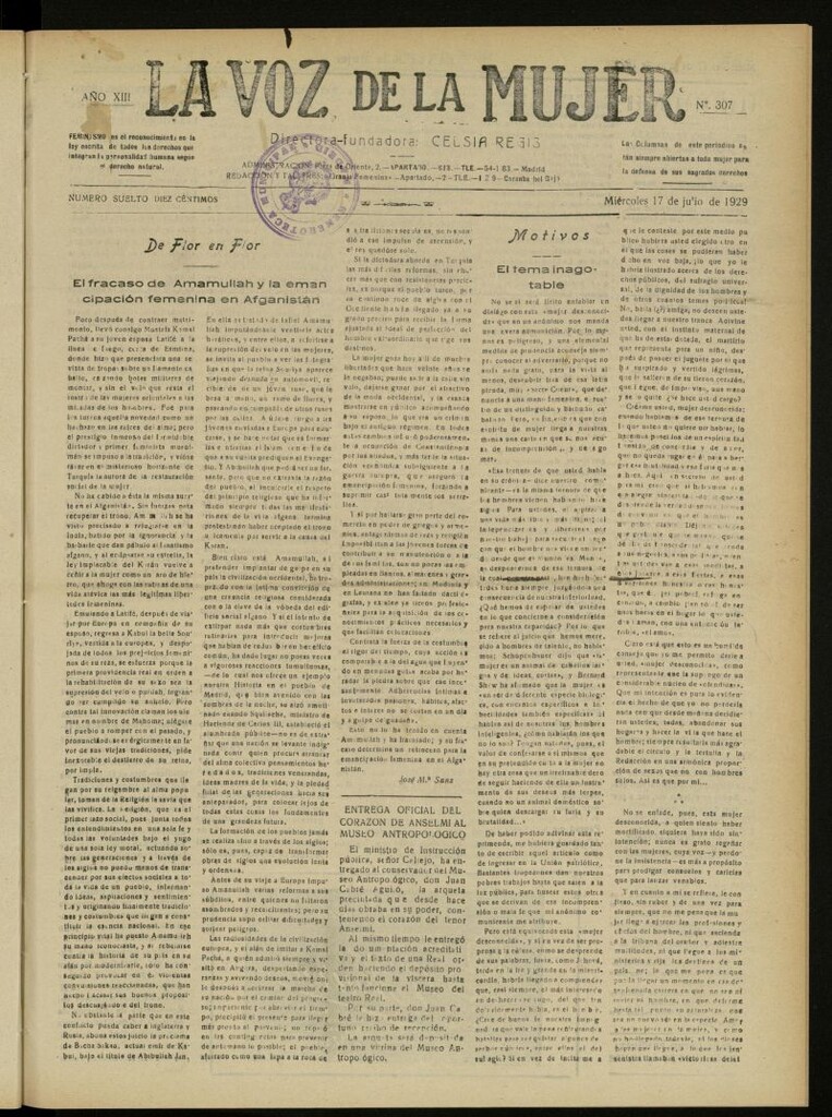 Miniatura de La Voz de la Mujer: revista mensual dedicada a la defensa de la mujer española del 17 de julio de 1929, nº 307
