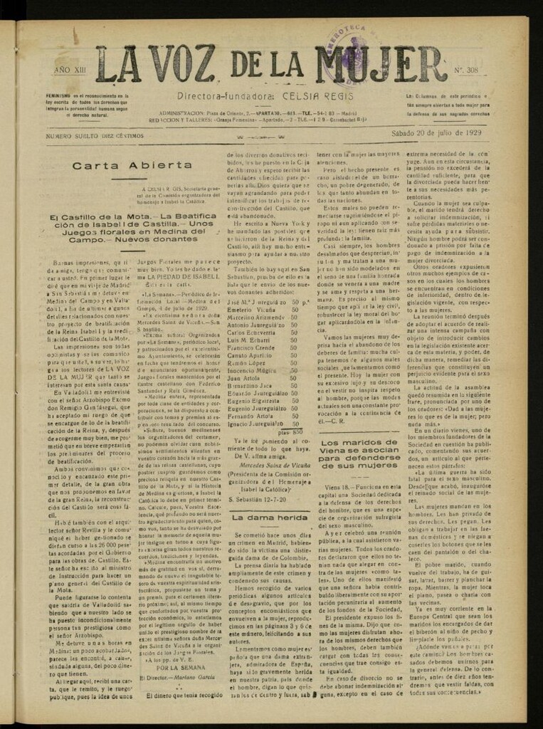 Miniatura de La Voz de la Mujer: revista mensual dedicada a la defensa de la mujer española del 20 de julio de 1929, nº 308