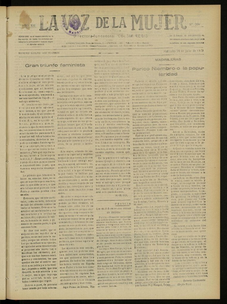 Miniatura de La Voz de la Mujer: revista mensual dedicada a la defensa de la mujer española del 24 de julio de 1929, nº 309