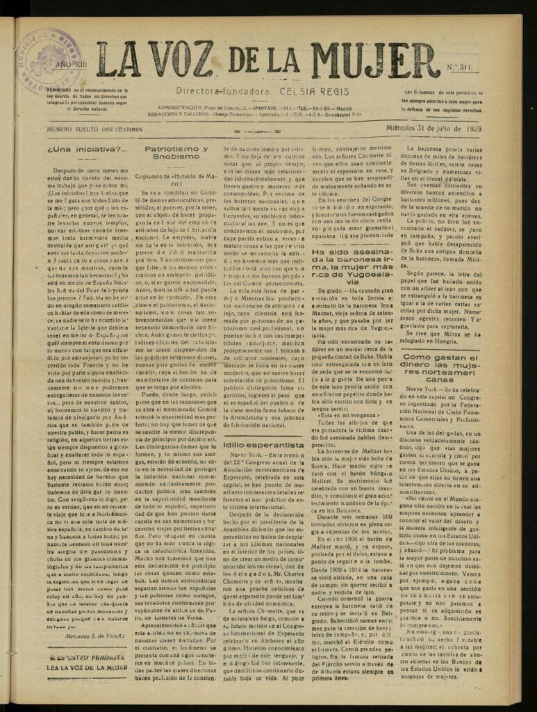 Miniatura de La Voz de la Mujer: revista mensual dedicada a la defensa de la mujer española del 31 de julio de 1929, nº 311