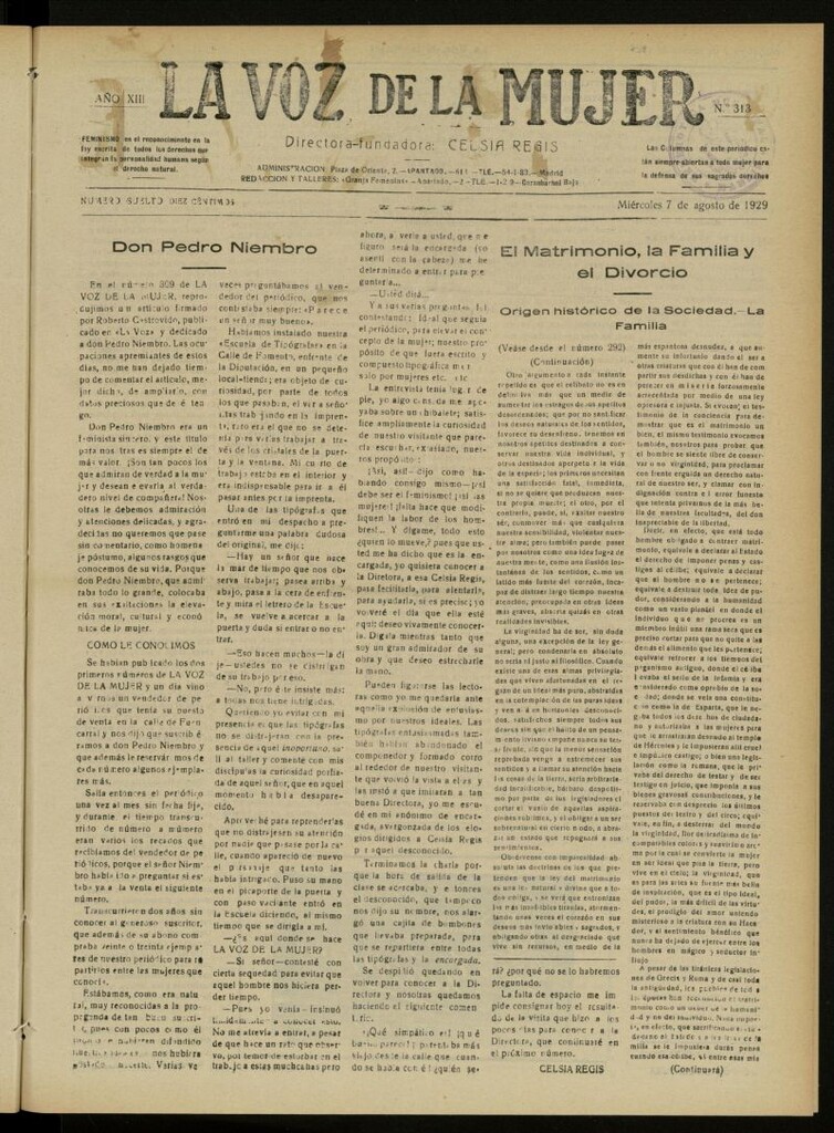 Miniatura de La Voz de la Mujer: revista mensual dedicada a la defensa de la mujer española del 7 de agosto de 1929, nº 313