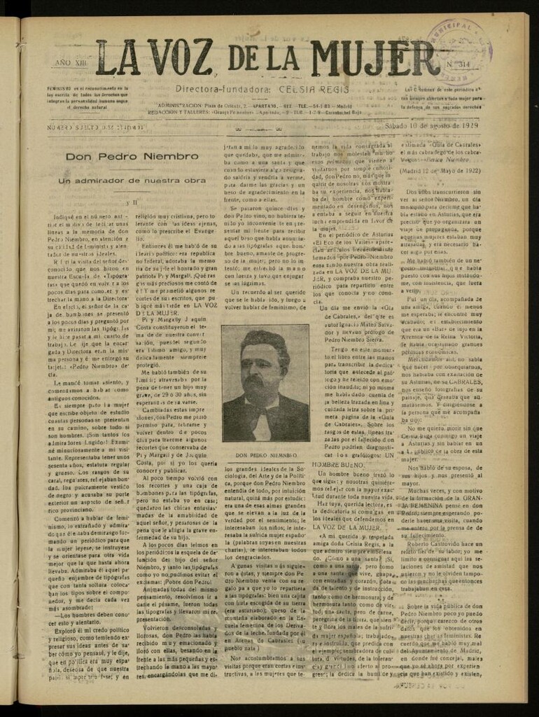 Miniatura de La Voz de la Mujer: revista mensual dedicada a la defensa de la mujer española del 10 de agosto de 1929, nº 314
