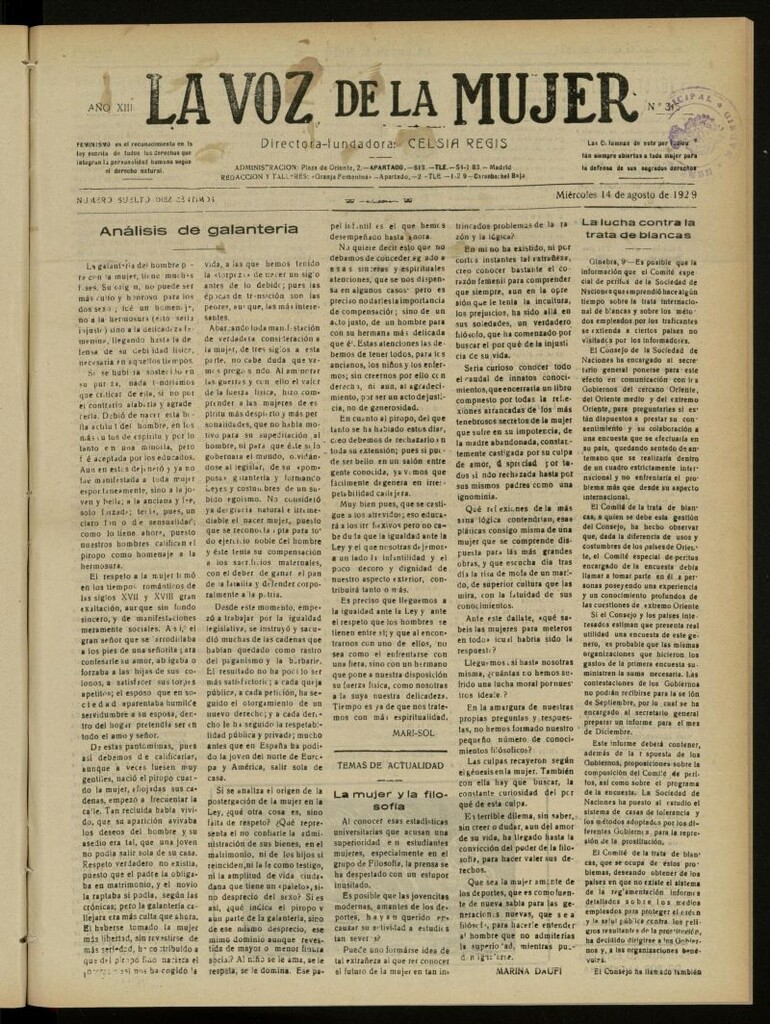Miniatura de La Voz de la Mujer: revista mensual dedicada a la defensa de la mujer española del 14 de agosto de 1929, nº 315