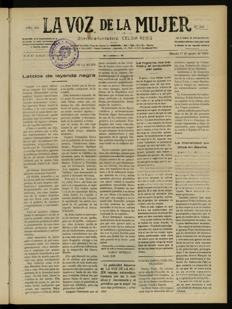 Miniatura de La Voz de la Mujer: revista mensual dedicada a la defensa de la mujer española del 17 de agosto de 1929, nº 316