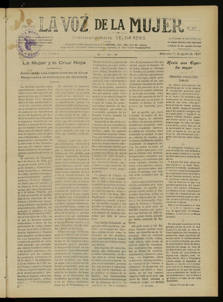 Miniatura de La Voz de la Mujer: revista mensual dedicada a la defensa de la mujer española del 21 de agosto de 1929, nº 317