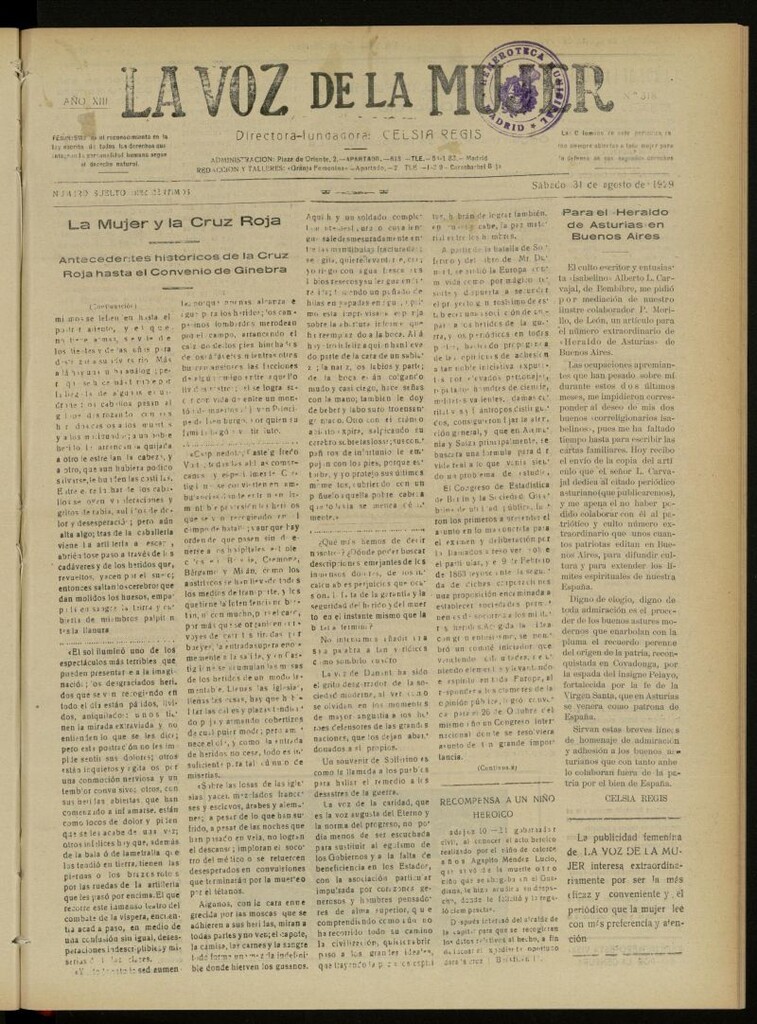 Miniatura de La Voz de la Mujer: revista mensual dedicada a la defensa de la mujer española del 31 de agosto de 1929, nº 318