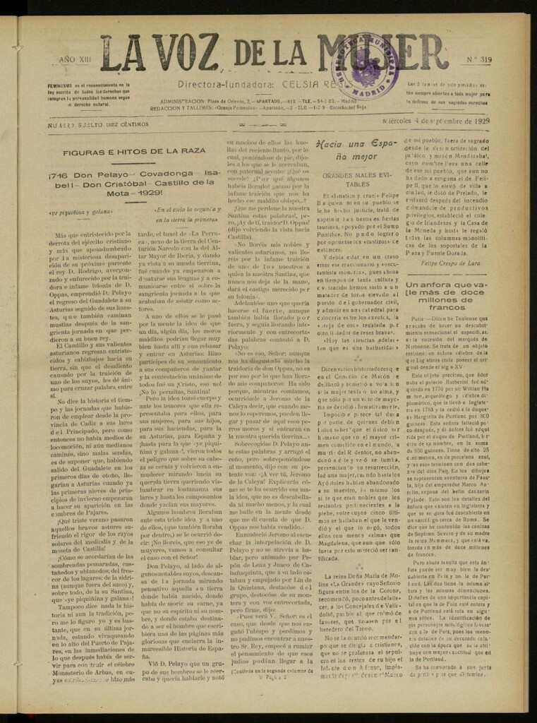 Miniatura de La Voz de la Mujer: revista mensual dedicada a la defensa de la mujer española del 4 de septiembre de 1929, nº 319