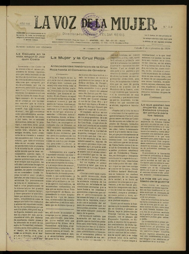 Miniatura de La Voz de la Mujer: revista mensual dedicada a la defensa de la mujer española del 7 de septiembre de 1929, nº 320