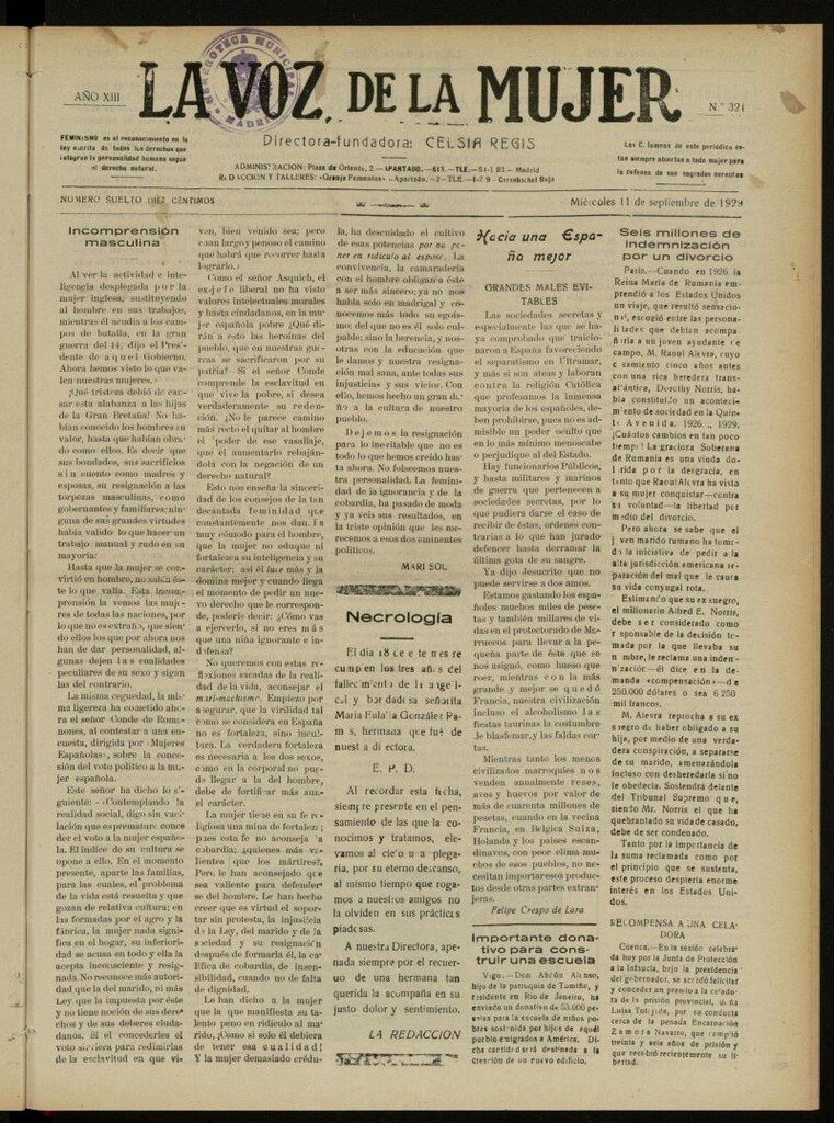 Miniatura de La Voz de la Mujer: revista mensual dedicada a la defensa de la mujer española del 11 de septiembre de 1929, nº 321