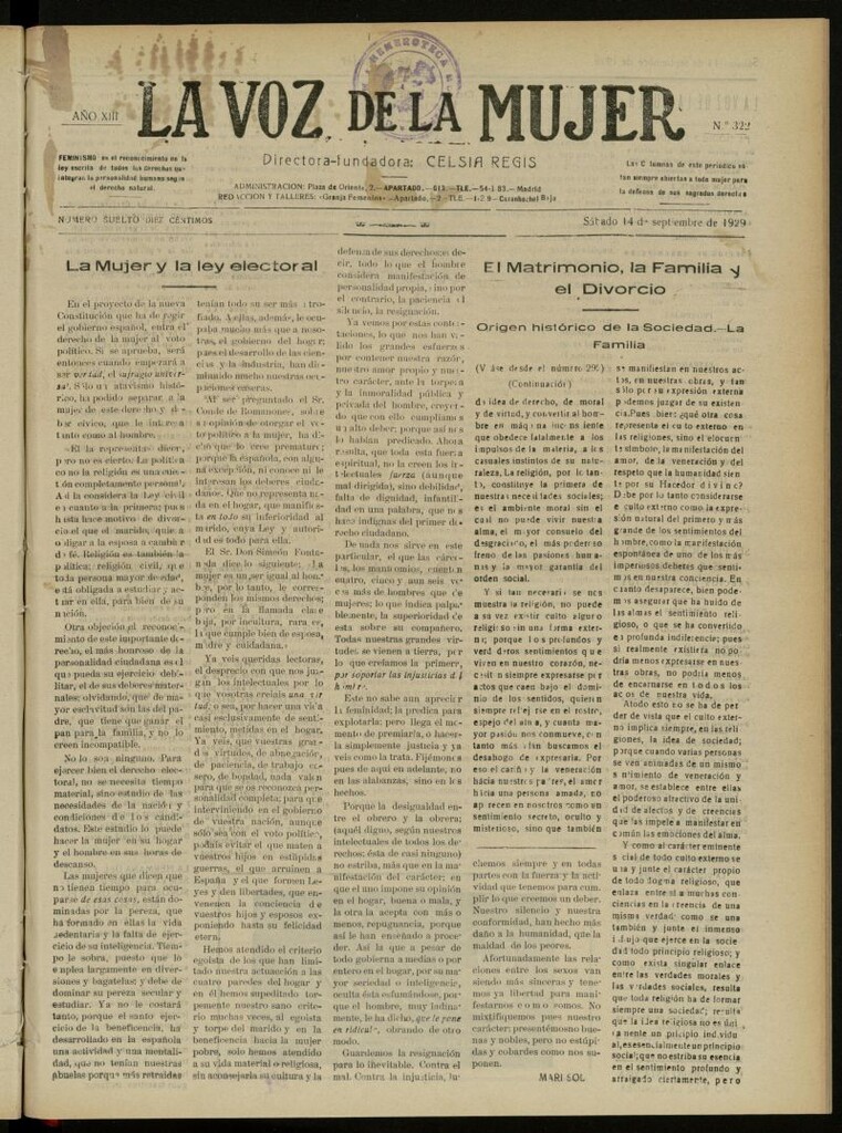 Miniatura de La Voz de la Mujer: revista mensual dedicada a la defensa de la mujer española del 14 de septiembre de 1929, nº 322