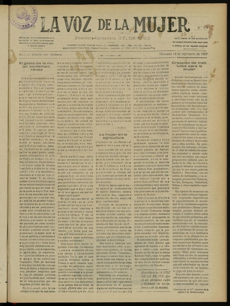 Miniatura de La Voz de la Mujer: revista mensual dedicada a la defensa de la mujer española del 18 de septiembre de 1929, nº 323