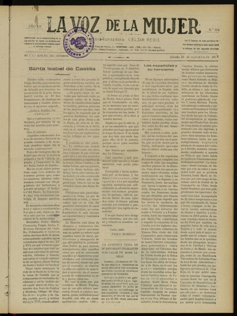 Miniatura de La Voz de la Mujer: revista mensual dedicada a la defensa de la mujer española del 21 de septiembre de 1929, nº 324