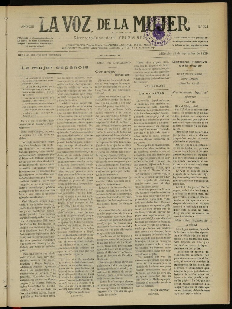 Miniatura de La Voz de la Mujer: revista mensual dedicada a la defensa de la mujer española del 25 de septiembre de 1929, nº 325