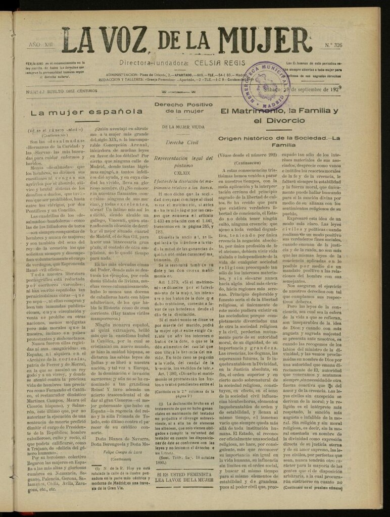 Miniatura de La Voz de la Mujer: revista mensual dedicada a la defensa de la mujer española del 28 de septiembre de 1929, nº 326
