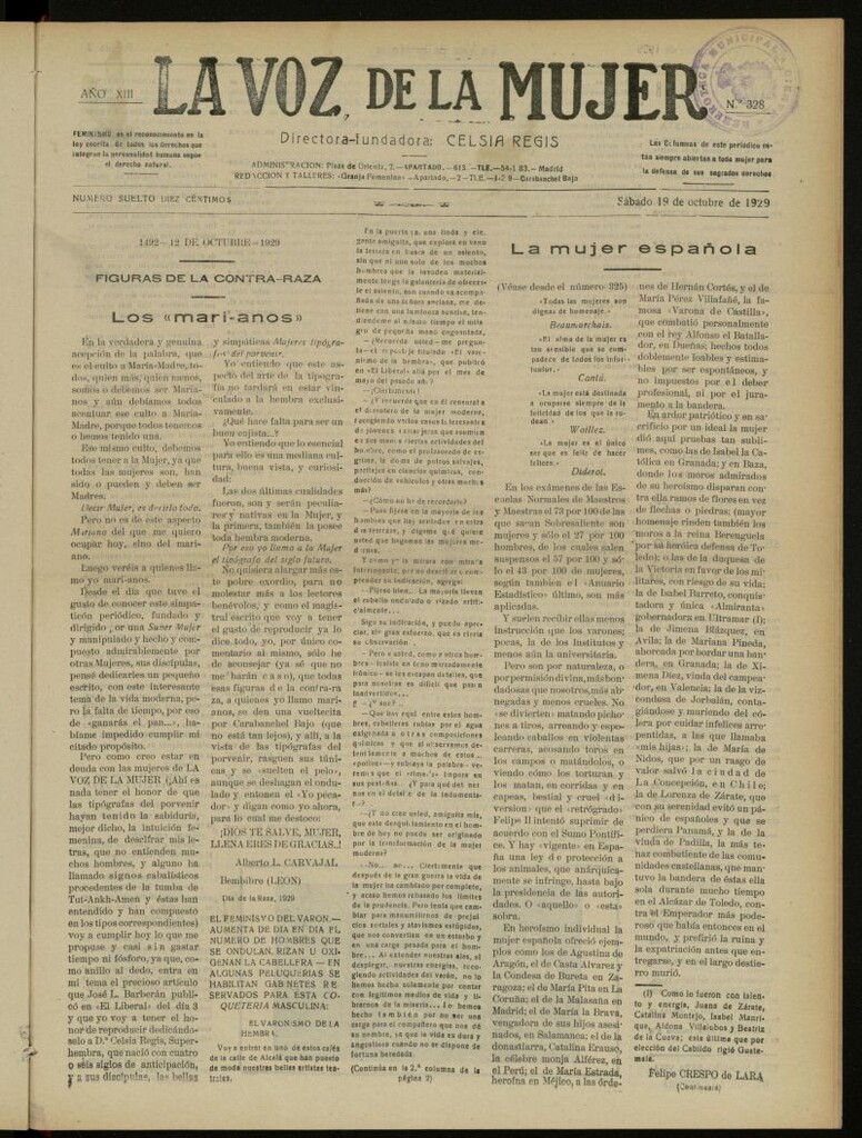 Miniatura de La Voz de la Mujer: revista mensual dedicada a la defensa de la mujer española del 19 de octubre de 1929, nº 328