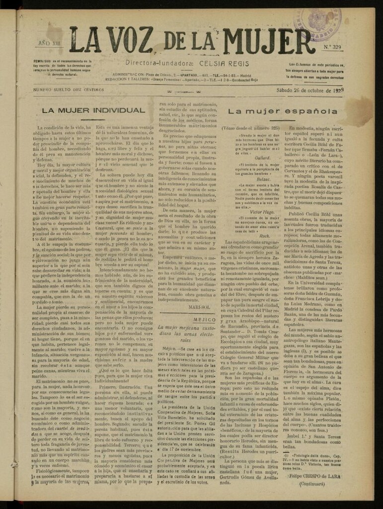 Miniatura de La Voz de la Mujer: revista mensual dedicada a la defensa de la mujer española del 26 de octubre de 1929, nº 329