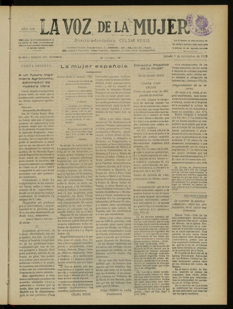 Miniatura de La Voz de la Mujer: revista mensual dedicada a la defensa de la mujer española del 2 de noviembre de 1929, nº 330
