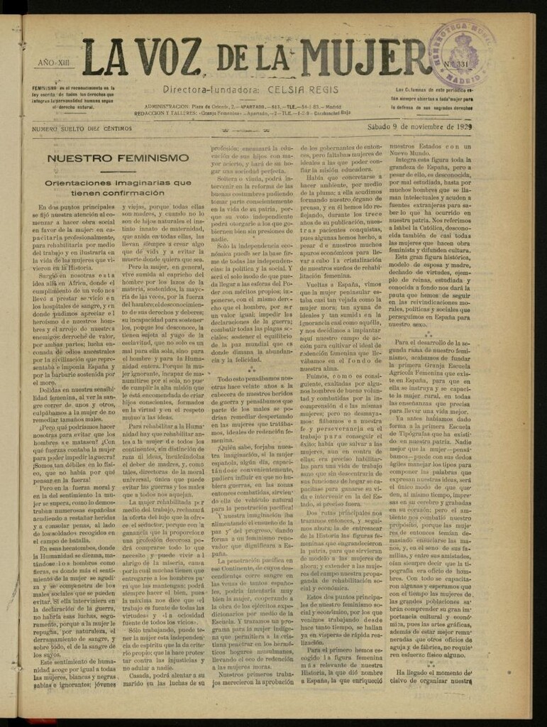 Miniatura de La Voz de la Mujer: revista mensual dedicada a la defensa de la mujer española del 9 de noviembre de 1929, nº 331