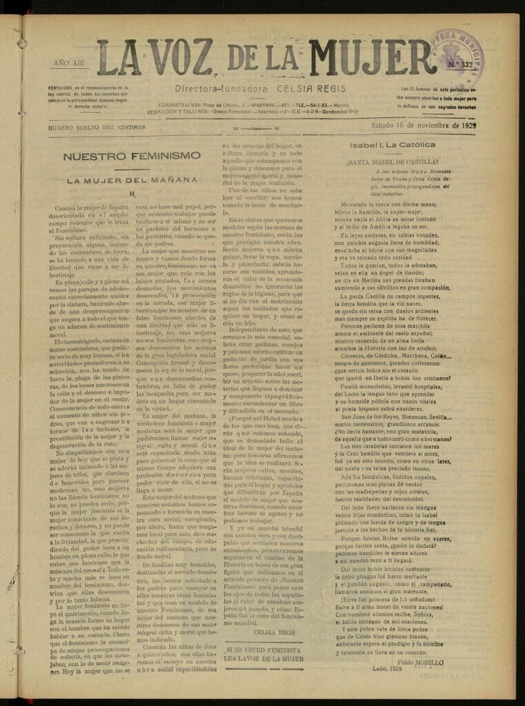 Miniatura de La Voz de la Mujer: revista mensual dedicada a la defensa de la mujer española del 16 de noviembre de 1929, nº 332