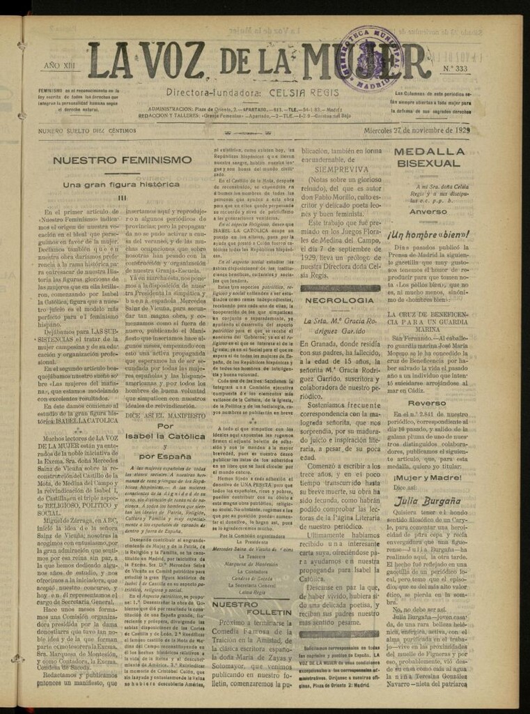 Miniatura de La Voz de la Mujer: revista mensual dedicada a la defensa de la mujer española del 27 de noviembre de 1929, nº 333
