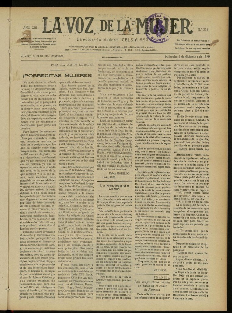 Miniatura de La Voz de la Mujer: revista mensual dedicada a la defensa de la mujer española del 4 de diciembre de 1929, nº 334