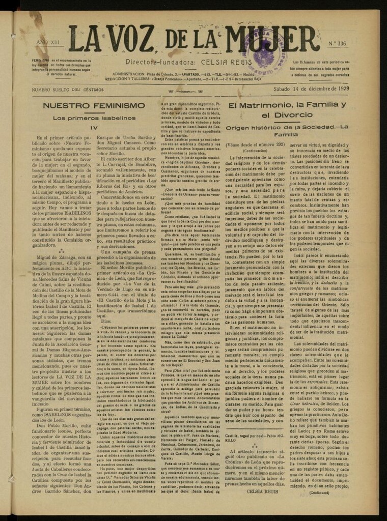 Miniatura de La Voz de la Mujer: revista mensual dedicada a la defensa de la mujer española del 14 de diciembre de 1929, nº 336