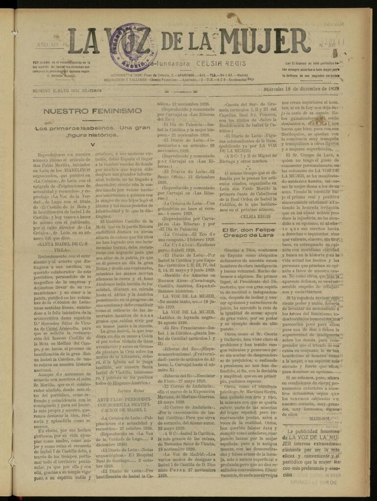 Miniatura de La Voz de la Mujer: revista mensual dedicada a la defensa de la mujer española del 18 de diciembre de 1929, nº 337