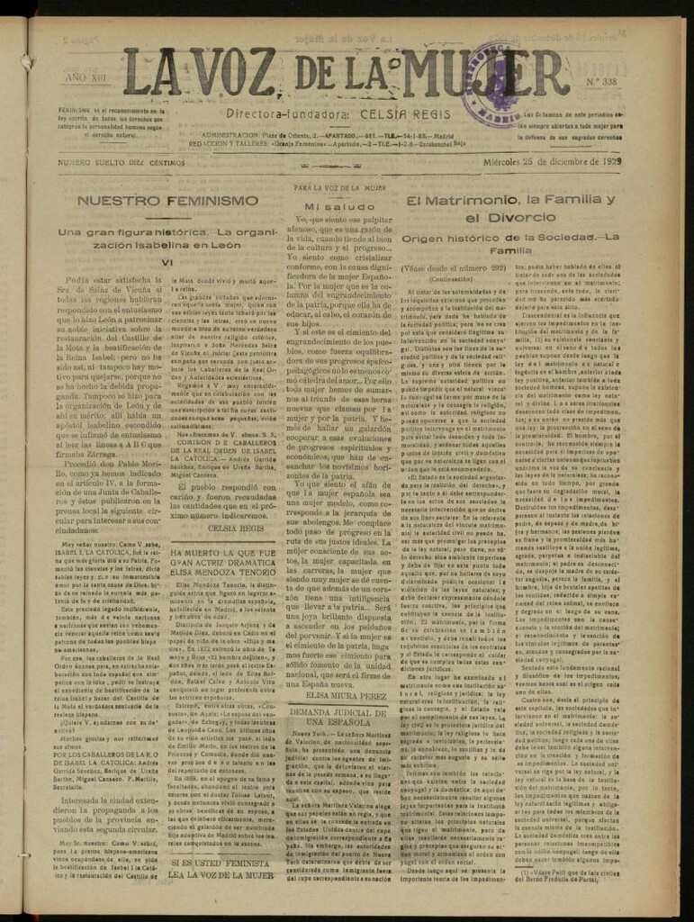 Miniatura de La Voz de la Mujer: revista mensual dedicada a la defensa de la mujer española del 25 de diciembre de 1929, nº 338