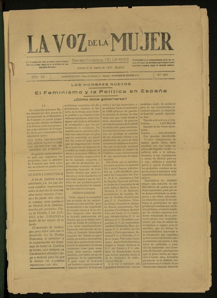 Miniatura de La Voz de la Mujer: revista mensual dedicada a la defensa de la mujer española del 8 de enero de 1931, nº 382