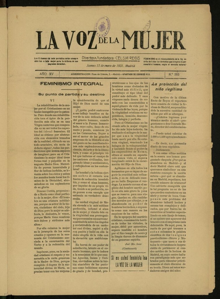 Miniatura de La Voz de la Mujer: revista mensual dedicada a la defensa de la mujer española del 15 de enero de 1931, nº 383