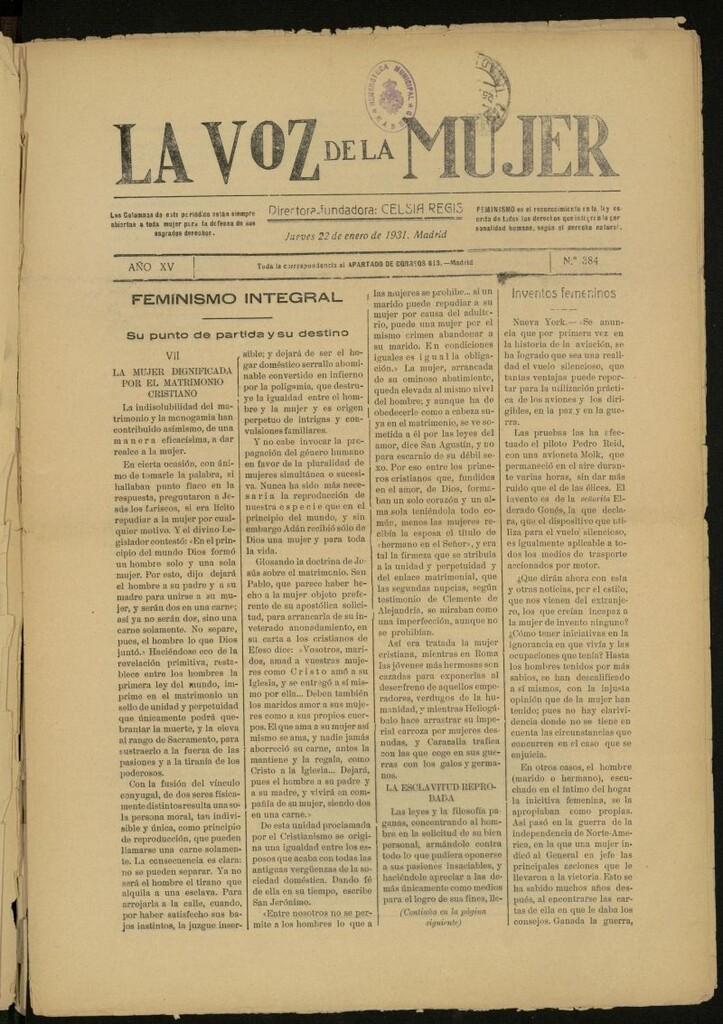 Miniatura de La Voz de la Mujer: revista mensual dedicada a la defensa de la mujer española del 22 de enero de 1931, nº 384