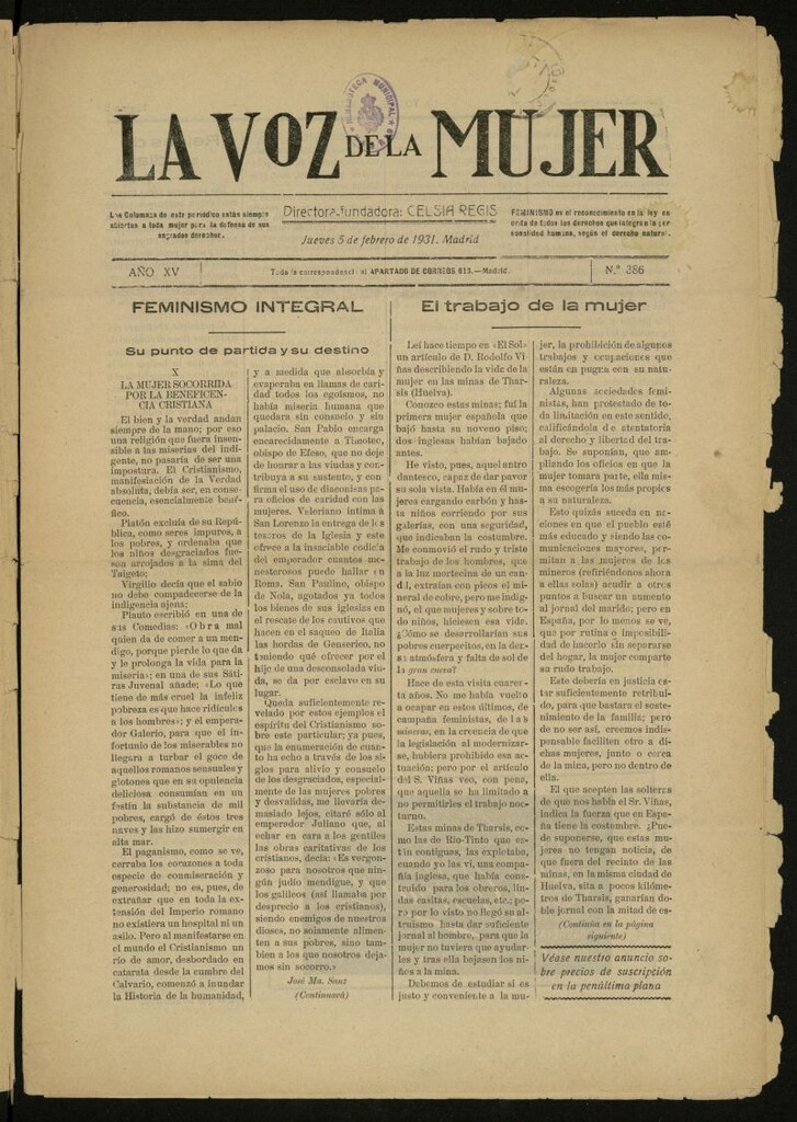 Miniatura de La Voz de la Mujer: revista mensual dedicada a la defensa de la mujer española del 5 de febrero de 1931, nº 386