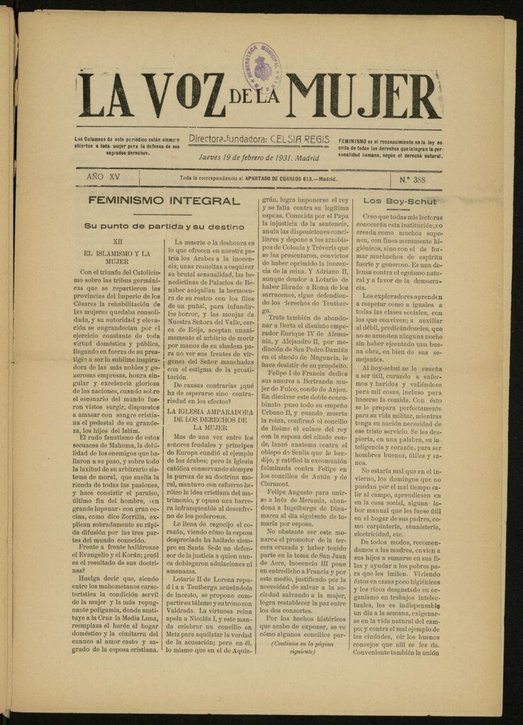 Miniatura de La Voz de la Mujer: revista mensual dedicada a la defensa de la mujer española del 19 de febrero de 1931, nº 388