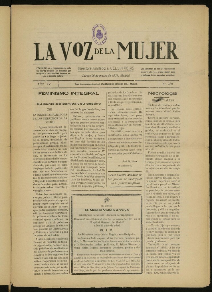 Miniatura de La Voz de la Mujer: revista mensual dedicada a la defensa de la mujer española del 26 de marzo de 1931, nº 389