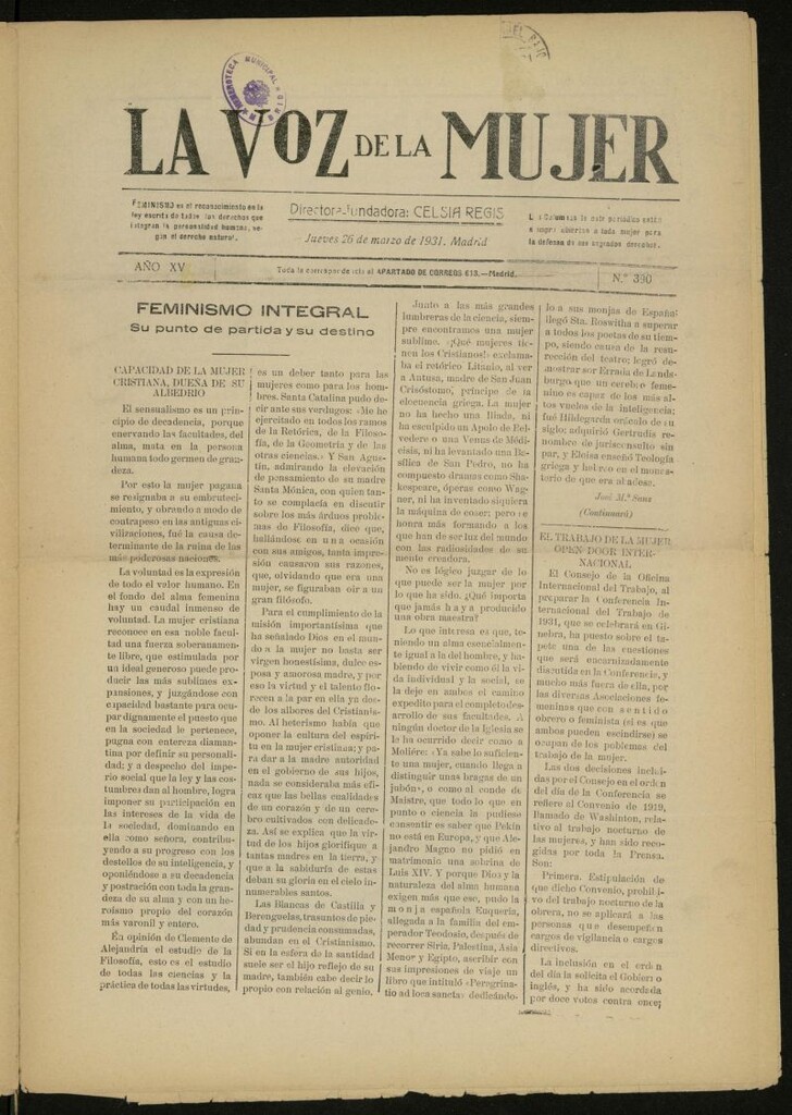 Miniatura de La Voz de la Mujer: revista mensual dedicada a la defensa de la mujer española del 26 de marzo de 1931, nº 390 [sic]