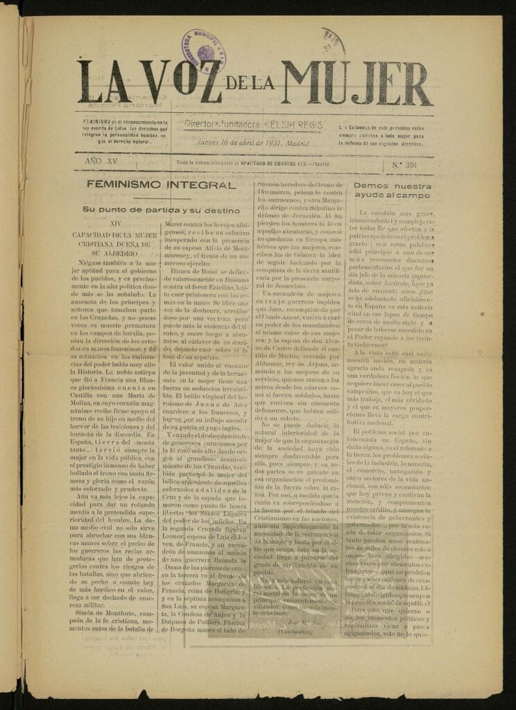 Miniatura de La Voz de la Mujer: revista mensual dedicada a la defensa de la mujer española del 16 de abril de 1931, nº 391