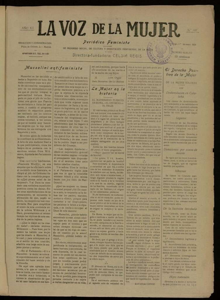Miniatura de La Voz de la Mujer: revista mensual dedicada a la defensa de la mujer española del 1 de enero de 1928, nº 187