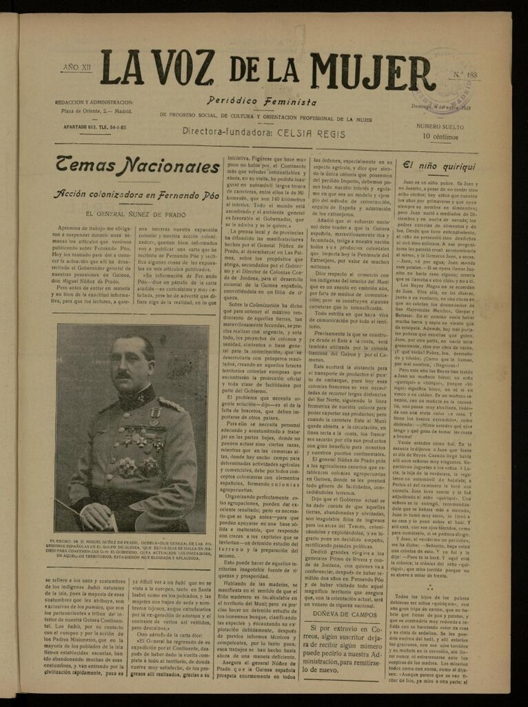 Miniatura de La Voz de la Mujer: revista mensual dedicada a la defensa de la mujer española del 8 de enero de 1928, nº 188