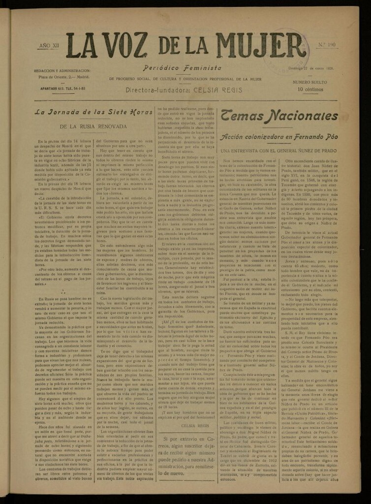 Miniatura de La Voz de la Mujer: revista mensual dedicada a la defensa de la mujer española del 22 de enero de 1928, nº 190