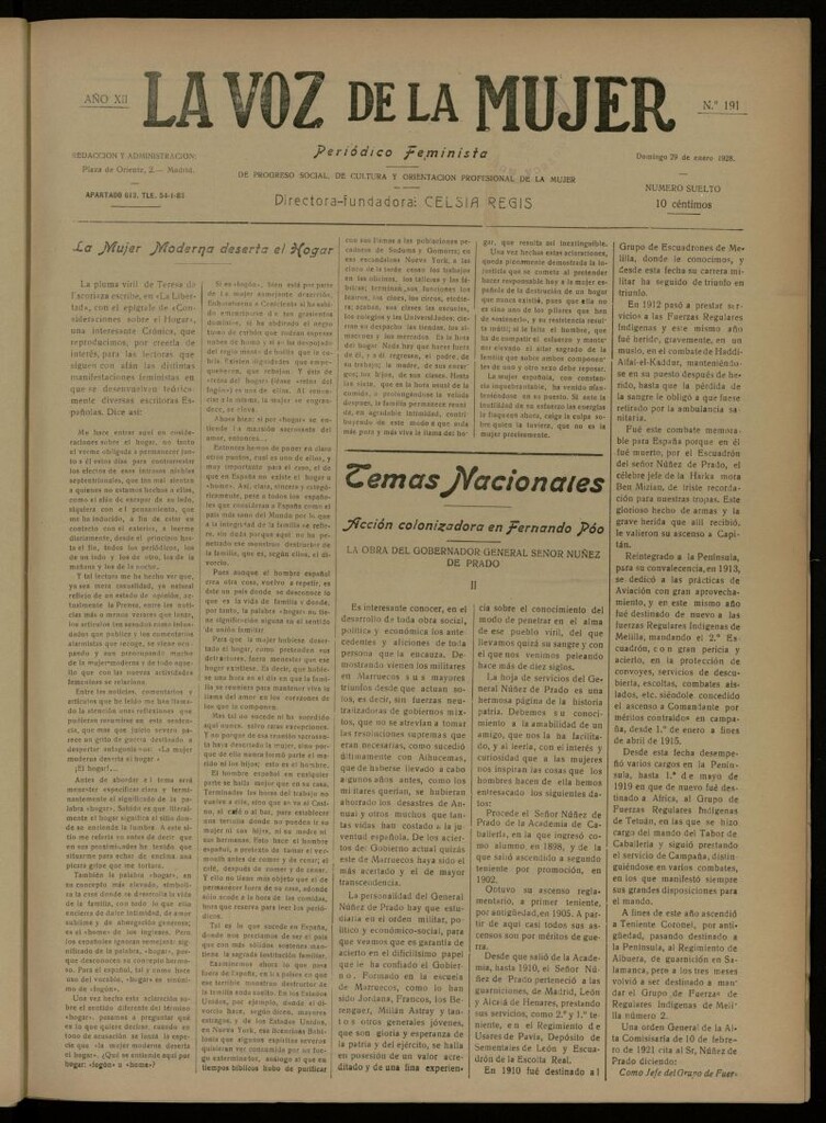 Miniatura de La Voz de la Mujer: revista mensual dedicada a la defensa de la mujer española del 29 de enero de 1928, nº 191